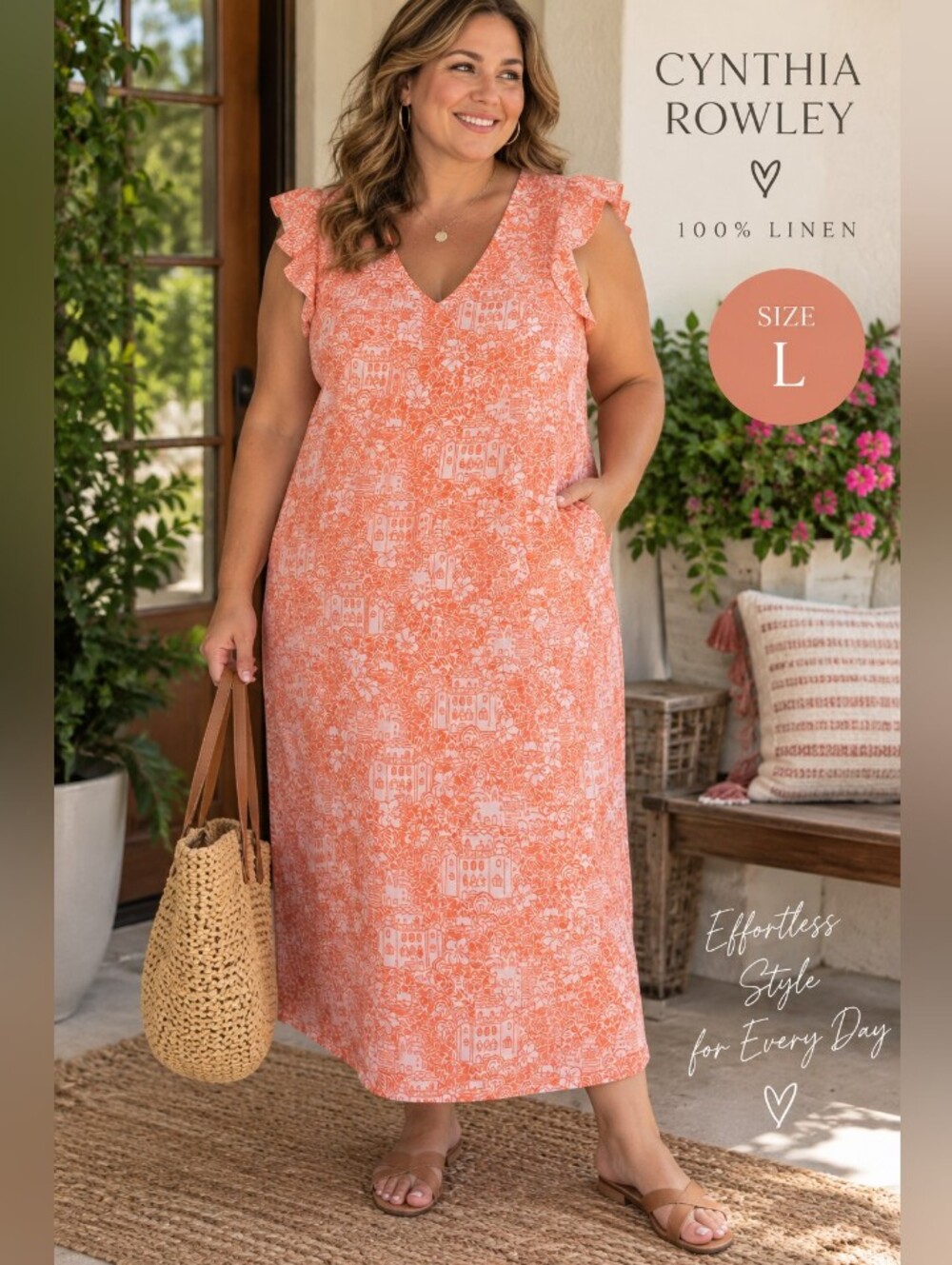 Cynthia Rowley 100% Linen Coral Print Midi Dress Size Large ( 12-14 )